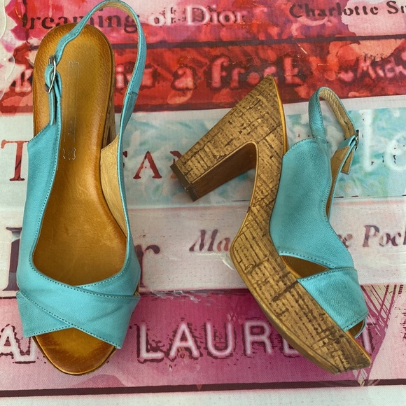 David Tyler Teal Leather Cork Heels - Picture 2 of 7